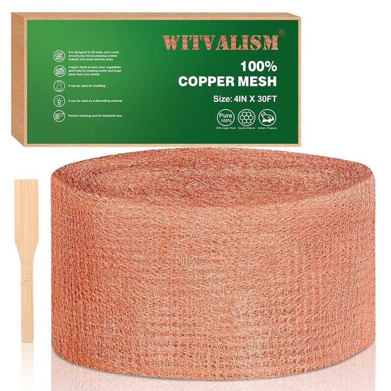 Witvalism Copper Mesh Rodent Control, 4in x 30ft Premium Copper Wool Ideal for Hole Blocking, Rustproof Pure Mesh for Mice Slug Snail Control, with Exclusive Wood Stick - Image 1